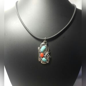 Navajo Turquoise Coral Pendant Cord Necklace